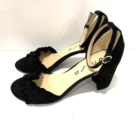 Unisa "Dian" dressy black faux suede high heel shoes ankle straps open toes 8M - Picture 7 of 10